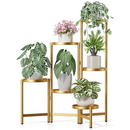 6 Tiered Plant Stand Indoor for Multiple Large Planter, Tall Heavy Duty Adjustable Folding Rack with Rustproof 7.9 Inch Wide Tray, Plant Shelf for Corner Living Room - GoldDisk - color: GoldDisk, size: 6-tiers