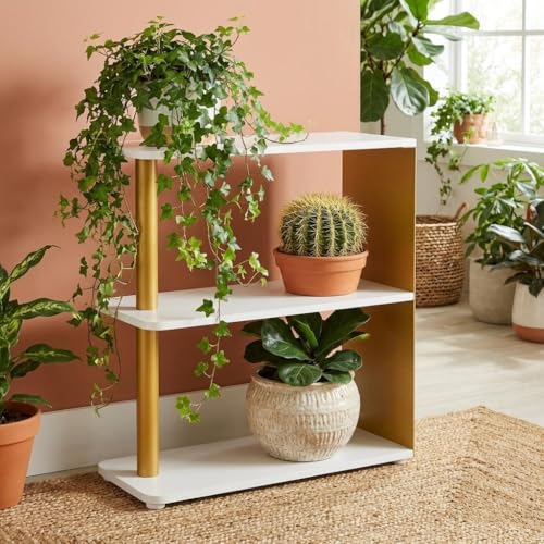 3-Tier Narrow End Table, Industrial Slim Side Table for Small Spaces, Sofa Couch Table Accent Nightstand with Storage Shelves for Living Room, Bedroom, Gold and White - color: Gold