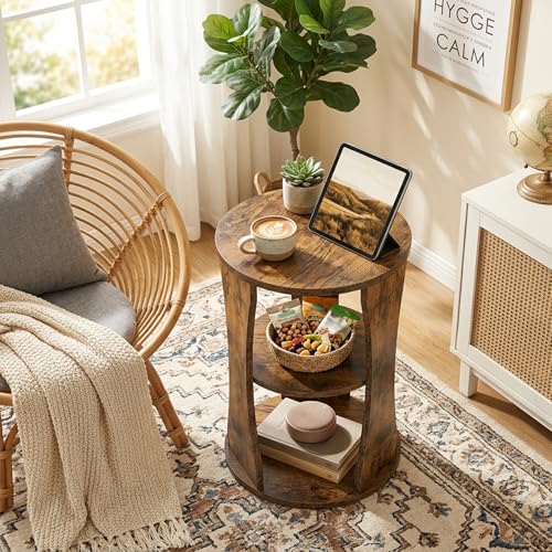 YATINEY Round Side Table, 3-Tier Small End Table with Storage Shelves, Wooden Accent Table for Living Room, Bedroom, Rustic Brown ET15BR - color: Rustic Brown
