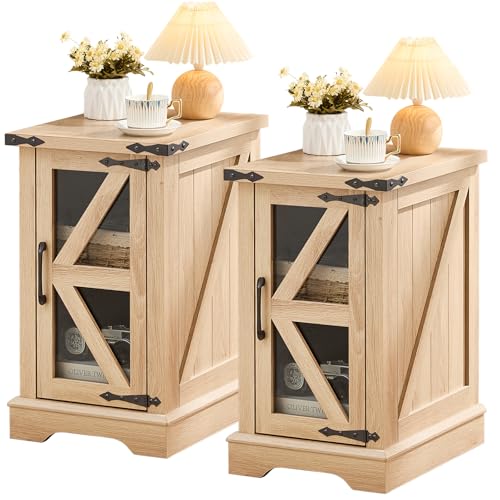 Joaxswe Narrow Night Stand Set 2 with Glass Barn Door | Farmhouse Side End Table with Storage, Wood Bedside Tables, Nightstand Cabinet Organizer for Small Spaces Living Room Bedroom - color: Natural Wood, size: without Charger