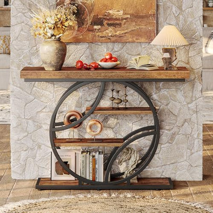 Huuger Modern Console Table, 41.3 Inch Sofa Table with Artistic Curved Metal Frame, Narrow Entryway Table for Hallway, Living Room, Behind Couch, Rustic Brown - color: Rustic Brown, size: 11.8"D x 41.3"W x 31.5"H