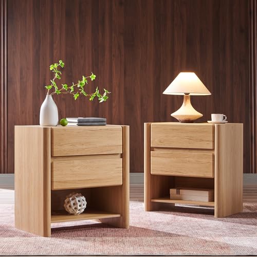 25" Tall Modern Nightstand Set of 2, 23.6" W Night Stand with Charging Station & 2 Storage Drawers & Open Shelf, Wood Nightstands w/Rounded Corner Design for Bedroom (Natural) - color: Natural, size: 2 Drawers