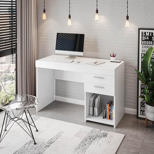 Techni Mobili 48 Inch Modern Compact Computer Desk with Drawers, White | 48 Inch modern desk with storage drawers, sturdy frame, compact design, ideal for bedrooms and home office workspaces - color: White