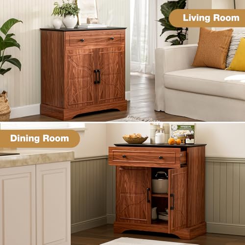 LCRBOL Sideboard with Drawer & Doors, Mid-Century, Matte Black Top & Walnut | 30"W x 15.2"D x 32.2"H, 100 lbs top / 30 lbs shelf, 1 drawer & 2-door cabinet, adjustable shelf, soft-close hinges - color: Walnut