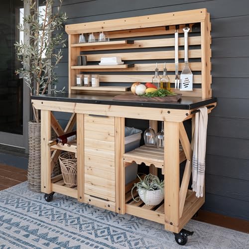 Backyard Discovery 48" Cedar Wood Buffet Hutch Serving Station with Galvanized Steel Countertop, Wine Rack, Wine Glass Rack, Trash Bin, Modular Shelves, Towel Bar, Drink and Food Prep, Indoor/Outdoor - style: With Decorative Shelves and Steel Countertop