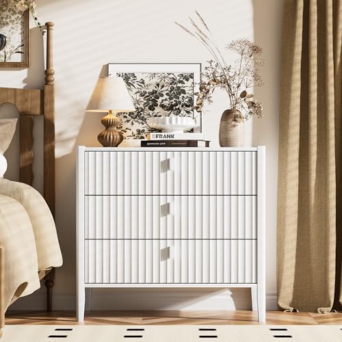 Furniway 31.5" Wide White 3 Drawer Nightstand, Modern Fluted Bedside Table with Metal Handles, Large Storage End Table for Bedroom - color: White, size: 17.7"D x 31.5"W x 29.5"H (3 Drawers)