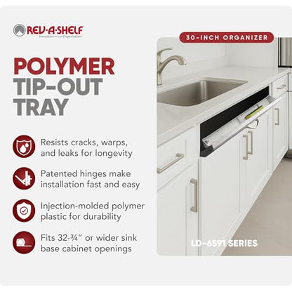 Rev-A-Shelf 30" Plastic Tip-Out Tray Organizer for Sink Base Cabinets, Home Kitchen and Bathroom Organization, Min Opening Width of 32.75", White, LD-6591-30-11-1 - size: 30 inches