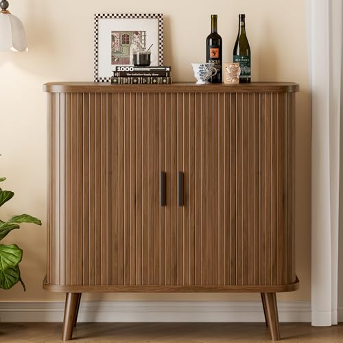 Sideboard Buffet Cabinet with Sliding Door, 31.5" Wide Fluted Modern Accent Storage Cabinet with Adjustable Shelves, Wood Coffee Bar Buffet Console Table for Kitchen, Dining Room, Living Room, Walnut - color: Walnut
