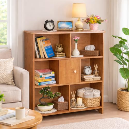 7 Cube Storage Organizer Wooden Bookshelf, 7 Cube Shelf Bookcase, Small Bookshelf Storage Organizer, 7 Cube Storage Shelf for Bedroom, Small Bookshelf for Living Room and Office (Natural, 7) - color: Brown, size: 7 Cube