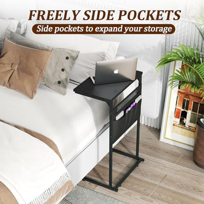 C Shaped End Table, Small Sturdy Side Sofa Table with Metal Frame for Living Room and Bedroom, Slide Under Table Couch Side Tables with Storage Bag, Black ZER-007B - color: Black