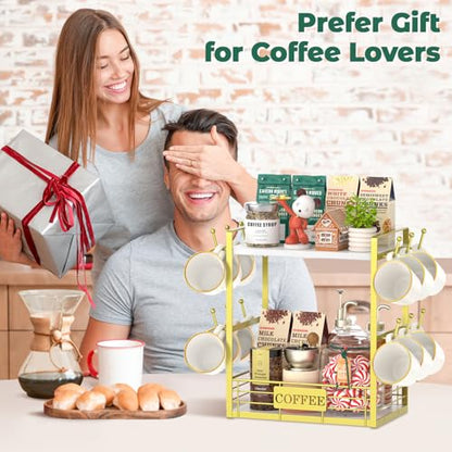 EsLuker.ly Coffee Mug Cup Holder Tree Bar Station Organizer, 2 Tier Mug Stand Rack for Countertop Kitchen, Storage Tower Display Shelf with 12 Hooks, Coffee Nook Enhancer, White-Gold - color: White + Gold