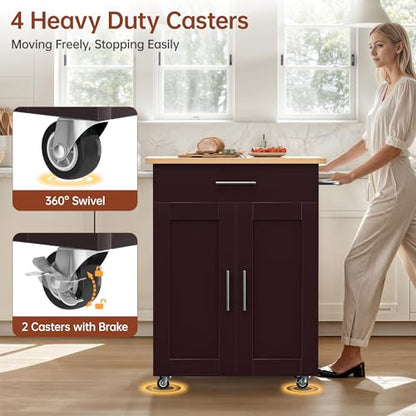 Mobile Kitchen Island on Wheels, Large Drawer, Dark Coffee | On Wheels, Large Drawer, Adjustable Shelf, Towel Rack, Rolling Island Table,for Kitchen & Dining Room - size: Small Kitchen Island, style: Modern Dark Coffee