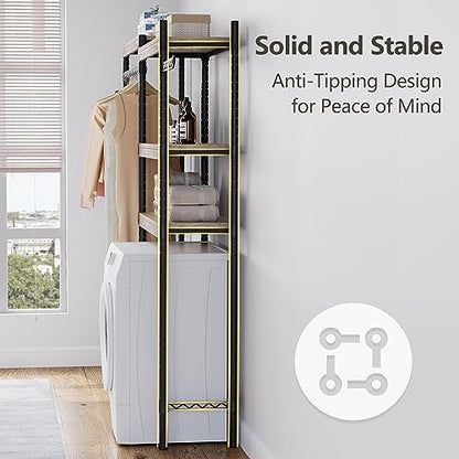 IDEALHOUSE Laundry Room Organization and Storage,5 Tier Wood Over The Washer and Dryer Storage Shelf with Drying Clothes Racks,Space Saver Heavy Duty Bathroom Laundry Shelf for Home Storage and Decor
