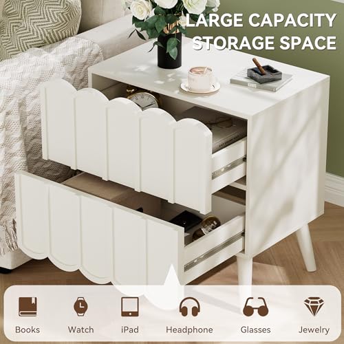 Modern Set of 2 Fluted Nightstand for Bedroom, White Wood Bedside Table | Wood End Side Table with Arch Curved Design, Night Stand with 2 Drawer - color: White, size: 2 Pack