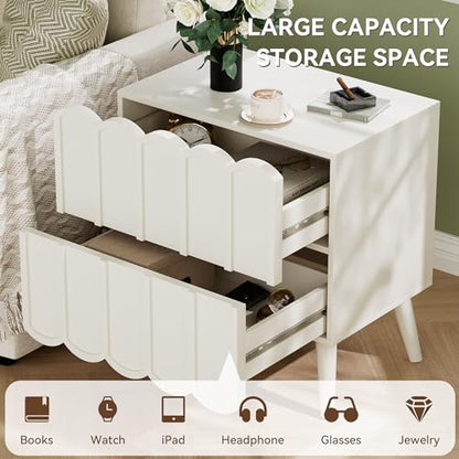 Modern Set of 2 Fluted Nightstand for Bedroom, White Wood Bedside Table | Wood End Side Table with Arch Curved Design, Night Stand with 2 Drawer - color: White, size: 2 Pack