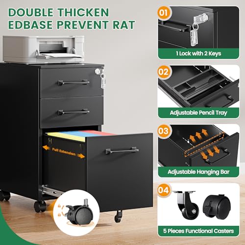 3 Drawer Slim File Cabinet, Mobile Filing Cabinet with Lock,Black Rolling Narrow File Cabinets with Casters, Under Desk Office Cabinets for Home Office,Fit A4/Letter/Legal(Unassembled) - color: Black, size: 11.8"W x 23.6"H x 17.7"D