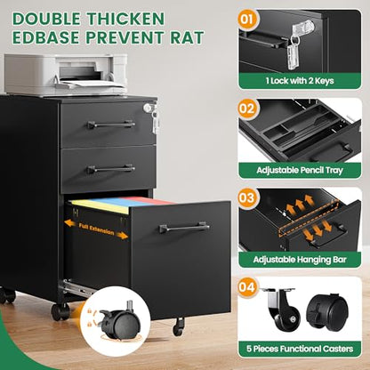 3 Drawer Slim File Cabinet, Mobile Filing Cabinet with Lock,Black Rolling Narrow File Cabinets with Casters, Under Desk Office Cabinets for Home Office,Fit A4/Letter/Legal(Unassembled) - color: Black, size: 11.8"W x 23.6"H x 17.7"D