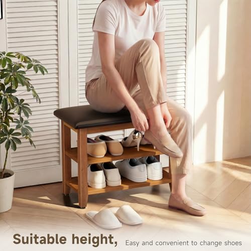 Shoe Bench with Leather Cushion,Rubberwood Bench with Shoe Rack | 2-Tier Shoe Storage Organizer for Entryway,Hallway,Living Room - size: 2-Tier-23.6"