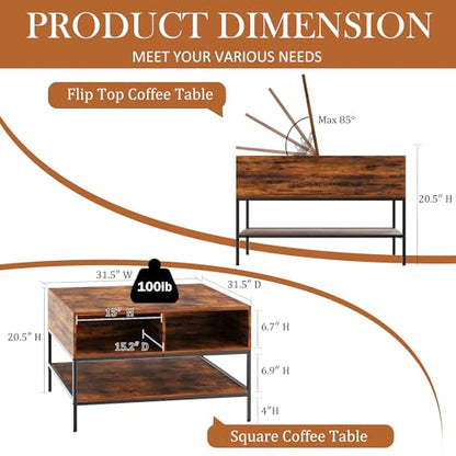 31.5" Farmhouse Coffee Table, Flip-Top Coffee Square Table with Storage Compartment, Wooden Rustic Cocktail Table for Living Room, Bedroom, Apartment, Studio, Dark Walnut - color: Dark Walnut