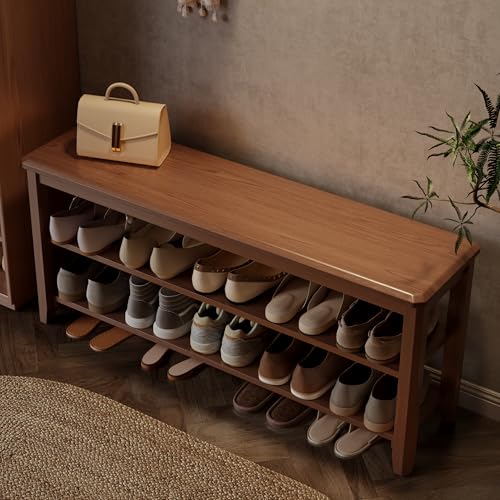 AQIMUELE Wood Shoe Rack Bench for Entryway, 2 Tier Shoe Rack for Front Door Entrance, Shoe Bench with Shoe Storage for Entryway, Bedroom, 47.2" - color: Walnut-wood Seat, size: 47.24"W x 20.4"H x 11.8"D