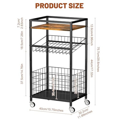 Fruit Vegetable Cart, 3-Tier Snack Cart on Wheels & Wood Top, Brown | Vegetable Rack For Kitchen, Kitchen Cart Organizer for Fruit, Vegetables, Potato, Snack - color: Brown, style: 3-Tier