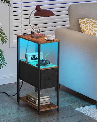 TUTOTAK Small Narrow LED End Table with Charging Station, Side Table Outlets, Nightstand with Cloth Drawer, Set of 2, Couch Table, for Living Room, Bedroom, Bedside, Brown and Black TB01BB059K - color: Brown and Black, style: 1 Drawer with Plug & Light