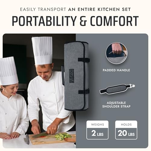 Asaya Waxed Nylon Chef Knife Roll Bag with 20 Slots and Zippered Pockets - Professional Chef Knife Bag & Storage Case, Tool Carrier with Shoulder Strap - Knives Not Included (Grey) - color: Gray
