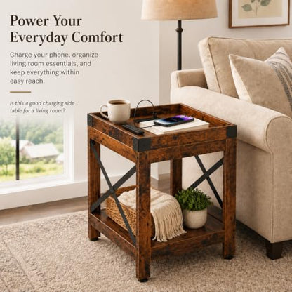 Farmhouse Side Table with Charging Station,2-Tier Square End Table | 2-Tier Shelf Modern Sofa Couch Table Bedside Nightstand With X-Frame for Living Room Bedroom Office Small spaces,Rustic Brown - color: Rustic Brown, style: With Outlets