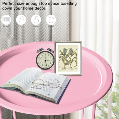 Garden 4 you End Table Metal Side Table Pink Round Folding Tray Cyan Sofa Small Accent Fold-able Table, Round End Table Tray, Next to Sofa Table, Snack Table for Living Room and Bed Room - color: Pink