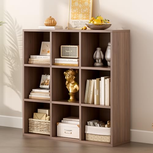 OSCHF 9-Cube Storage Shelf Bookcase - Wooden 3-Tier Floor Standing Open Bookshelf for Home and Office, Cuby Orgainzer, Walnut - color: Walnut, size: 9-Cube