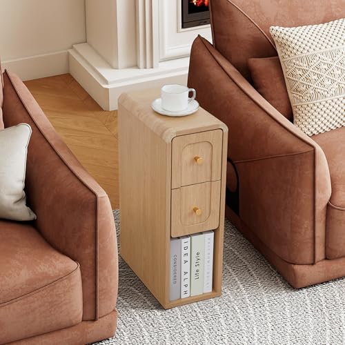 Narrow Nightstand with 2 Drawers, Small Bedside Tables, Mid-Century Modern Slim Night Stand with Storage, Wooden End Table for Small Spaces, Bedroom, Living Room (Natural-1PCS) - color: 2drawers-natural-1pcs