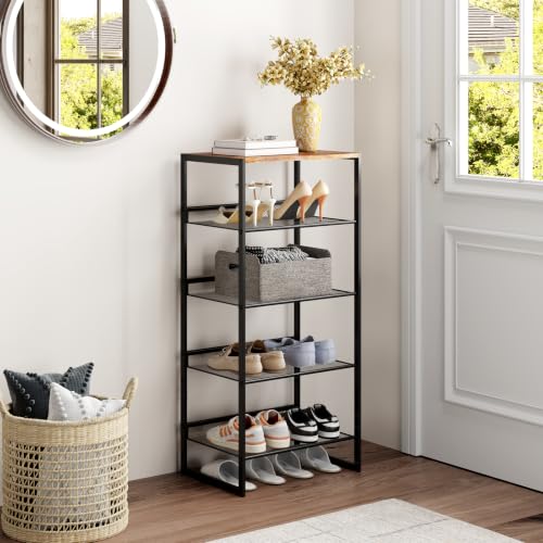 5 Tier Metal Shoe Rack, Sturdy Steel Frame with Rust-Proof Coating, MDF Top, Adjustable Flat Inclined Mesh Shelves, Anti-Tip Scratch-Resistant Feet, Sleek Show Rack for Entryway, Hallway, Garage - size: 5 Tier (16.5″x11.8″x36″)