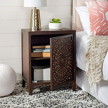 SAFAVIEH Furniture - Thea 1-Door Carved Nightstand - Brown - Mango Wood - Artisan Global Design - Ideal for Bedroom, 20"W x 14"D x 26"H - Fully Assembled (NST5300A) - color: Brown