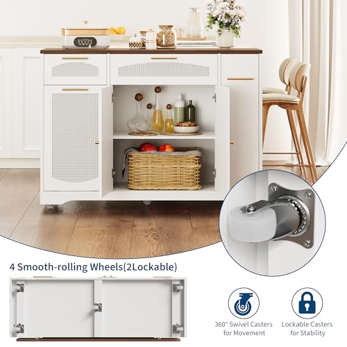 IDEALHOUSE 53.1" Rattan Kitchen Island with Storage, Rolling Dining Cart with Trash Storage Cabinet, Mobile Island Cart with Drop Leaf, Adjustable Shelves, Drawer, 5 Wheels (White) - color: White