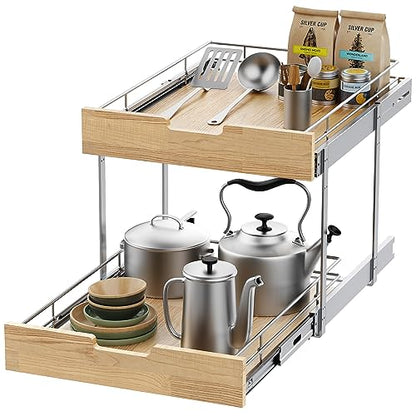 Sikarou Pull Out Cabinet Organizer,Heavy-Duty Slide Out Shelf, Wood and Wire Basket, Pull Out Drawer for for Kitchen Under Sink Space, Pantry, Bathroom, 2 Tie 14 * 21 in - size: 2-TIE 14*21 WM