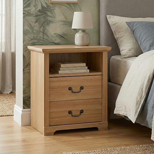 24/7 Shop at Home Elrik Modern 22-inch Wood Nightstand with Open Shelf, 2 Drawers and Ornate Handles, Wooden Night Stand for Bedroom, Apartment, Small Bedside Table, Natural - color: Natural
