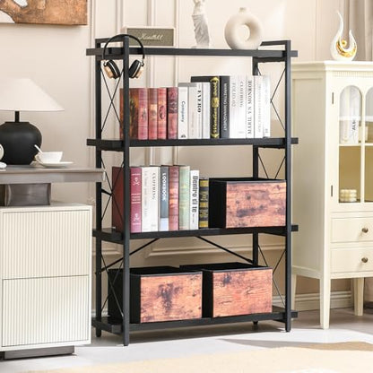 HCHQHS Bookshelf, 4-Tier Industrial Bookcase, Black Open Book Shelf, Freestanding Tall Bookshelves with Metal Frame - color: Ebony Black, size: 4-Tier (35.8"W x 51.2"H)