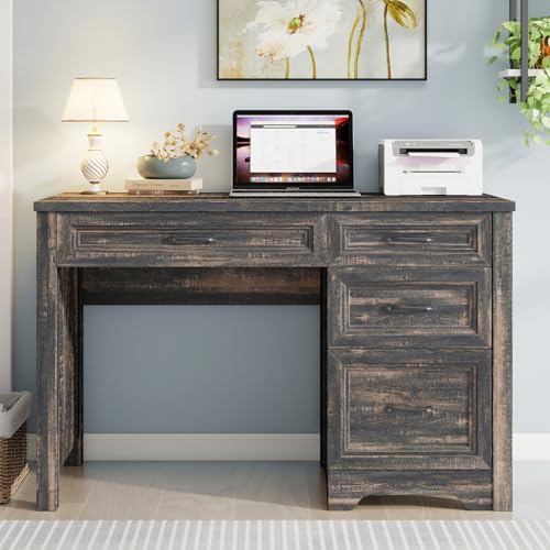 Halitaa Farmhouse Executive Desk with Drawers, Wood Computer Desk with Ample File Drawer, Rustic Home Office Desk with Storage for Bedroom, Living Room, Dark Oak - color: Dark Oak, size: 19.69"D x 47.24"W x 30.71"H