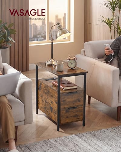 VASAGLE Side End Table with Charging Station, Slim Nightstand with 2 Drawers, Narrow Bedside Table for Living Room, Small Spaces, Rustic Brown and Ink Black ULET321B01V1S - color: Rustic Brown + Ink Black, size: 23.6"D x 11.8"W