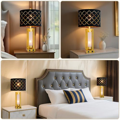 Set of 2 Modern Table Lamps for Living Room Bedroom with USB C+A | Rustic Nightstand Lamps with White Night Light, Black Grid Shade, Desk Lamps for Bedside End Tables, 4 Bulbs Included (Gold) - color: Gold