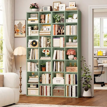 FOTOSOK 71'' Tall Bookshelf with 14 Cubes, 7 Tier Double Wide Bookshelf with 6 Adjustable Shelves, 19.6" Narrow Bookcase DVD/CD Media Storage Shelf, Space Saving Display Shelf Cabinet, Green - color: Green