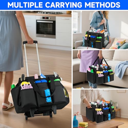 Large Rolling Cleaning Caddy Bag with Detachable Trolley,Cleaning Cart on Wheels with Shoulder Strap,Cleaning Supplies Organizer for Housekeepers,Black - color: Black