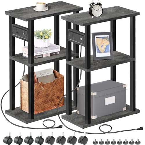 TUTOTAK Small Narrow Side Table with Charging Station, Set of 2, Skinny End Table for Small Spaces, Slim Nightstand with USB Ports and Outlet,Sofa Beside Table with Wheels, Charcoal Grey TB01BY047 - color: Charcoal Grey, size: 2 PC, style: With Plug