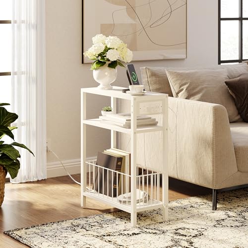 TRIFEBLE Narrow Side Table with Charging Station, Small End Table for Small Spaces, Slim Nightstand with Storage Basket, 3 Tier Skinny Bedside Table for Living Room, Bedroom, White - color: White, style: With Basket & Power