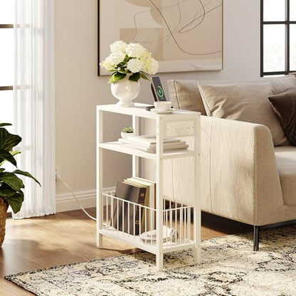TRIFEBLE Narrow Side Table with Charging Station, Small End Table for Small Spaces, Slim Nightstand with Storage Basket, 3 Tier Skinny Bedside Table for Living Room, Bedroom, White - color: White, style: With Basket & Power