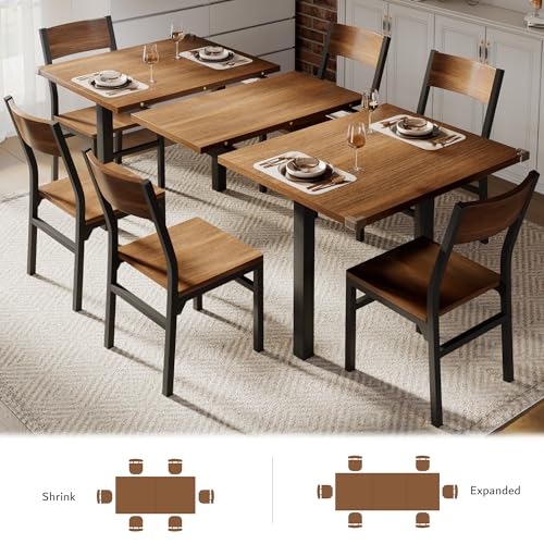 iPormis 7-Piece Dining Table Set with 6 Chairs, 63" Extendable Kitchen Table & Chairs Set for 4-6, Dining RoomTable with Solid Metal Frame & MDF Board, Perfect for Small Space, Easy Assembly, Walnut - color: Walnut