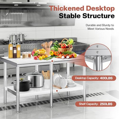 Jocisland 30" x 60" Stainless Steel Table for Prep & Work, Food-Grade Stainless Steel Adjustable Under Shelf and Feet, for Commercial Kitchen, Restaurant, Hotel, Garage - size: 30x60 in, style: Rounded Table Corner
