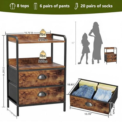 Night Stand Set 2, Nightstand with 2 Fabric Drawer, End Table with Open Shelf, Bedside Table Side Table with Wooden Top for Bedroom, Rustic Brown - color: Brown(2 Drawer), size: set of 2