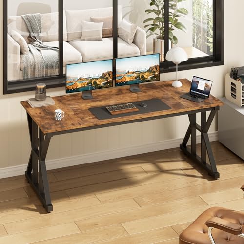 TVU Computer Desk, 55 inch Large Office Desk, Study Writing Table with Thicken Frame, Gaming Desk, Modern Simple Desk for Home Office, Rustic Brown - color: Rustic Brown, size: 55inch