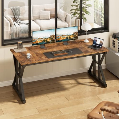TVU Computer Desk, 55 inch Large Office Desk, Study Writing Table with Thicken Frame, Gaming Desk, Modern Simple Desk for Home Office, Rustic Brown - color: Rustic Brown, size: 55inch